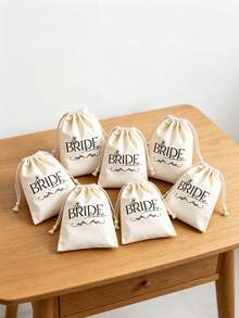 6pcs Linen Drawstring Gift Bags - Featured With "Bride" Theme, These Linen Drawstring Pouches Can Serve As Exclusive Packaging For Wedding Party Favors, Bridal Gifts, And Organizational Storage. Ideal For Wedding Ceremonies, Engagement Parties, New Year Gatherings, Birthday Celebrations, Mother's Day, Father's Day, Housewarming Parties, Vintage-Themed Events, Anniversaries, And More. - One Size Fits All - View 7