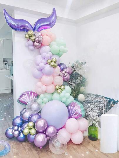 106pcs Mermaid Balloon Garland Set, Includes Seashells And Fish Tail Foil Balloons, Pink, Purple, Light Green Latex Balloons, Suitable For Mermaid Party, Underwater Theme Birthday, Mermaid Princess, Ocean Party, Indoor/Outdoor Decor, Event Favors