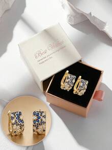 Gift Box Luxury Cubic Zirconia Blue Diamond Flower Earrings, High-End Jewelry For Women's Wedding, Party, Banquet, Made Of Copper Material, Non-Fading And Hypoallergenic, Ideal Gift Choice - Gold - View 7