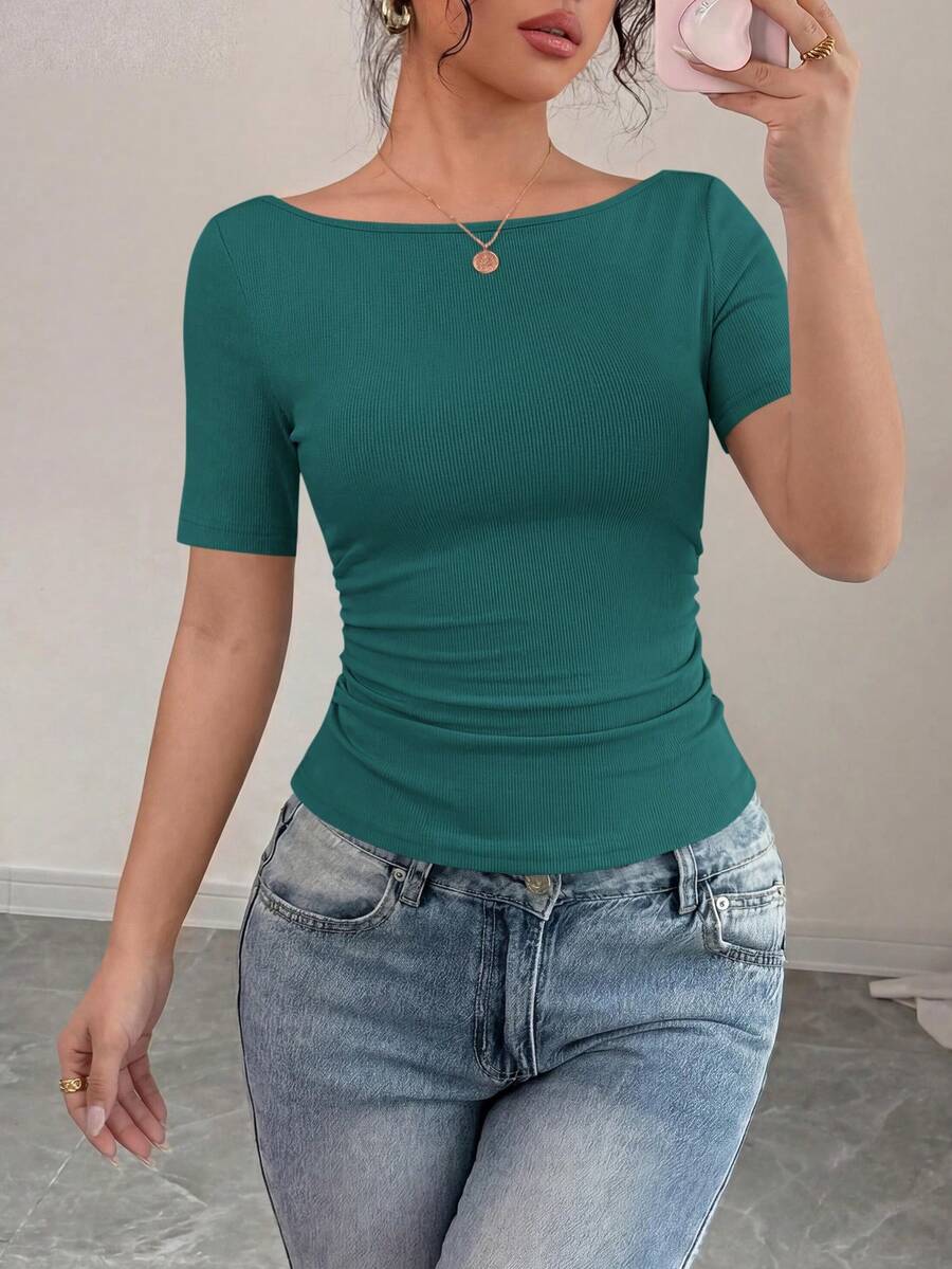 PRETTYGARDEN Womens Summer Short Sleeve Tops Boat Neck Ribbed Knit Slim Fit T Shirt Casual Basic Top Y2K Clothes - 湖藍色 - 查看 1