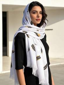 1 chiếc khăn trùm đầu Hijab nữ sang trọng, in họa tiết sợi tre, tua rua và lông vũ, ánh vàng, chất liệu mềm mại, đa chức năng, chống nắng/chống gió, phù hợp cho sinh hoạt hàng ngày/tiệc tùng/các dịp lễ hội. - Nhiều màu - Xem 15