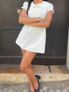 Women's White Peter Pan Collar Puff Sleeve Babydoll Mini Dress, Back Button Detail Gathered Summer Casual Dress - 白色 - 查看 2