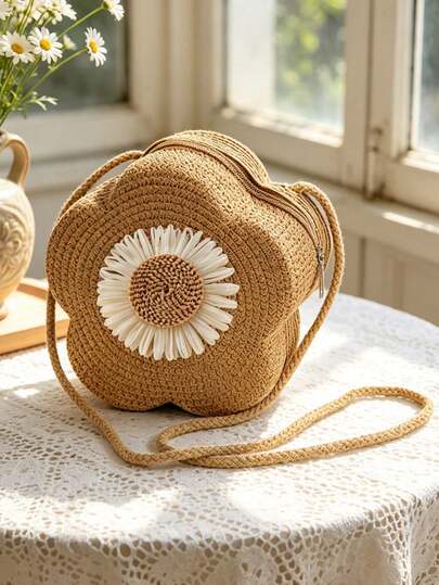 Flower Woven Bag,Hand-Woven Mini Crossbody Bag,With Raffia Sunflower Design,Zipper Closure, Portable Key Purse, Straw Tote Bags,Beach Tote Bag,Mini Straw Crossbody Bag,Summer Beach Shoulder Bag, Women'S Cute Handbag & Coin Purse-Playful Accessory,Durable Zipper Closure, Perfect For Beach,Travel,Vacation, And Daily Commute, Everyday Tote Bag,Suitable For Girlfriend, Mother'S Day,Birthday, Anniversary Gift