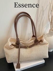 1个白色编织撞色大容量手提包，女士单肩沙滩度假草编包，春季新品 - 白色 - 查看 8