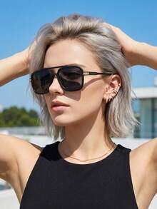 1 Pair Of Square Fashion Glasses, Double Beam Design, Vintage Classic Versatile, Customizable, Women's Glasses, Beach Accessories, Back-To-School College Style Outfit - 2pcs(black+Brown) - View 3