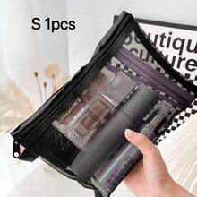 2025 New Minimalist Mesh Cosmetic Bag, Lipstick Pad Storage Pouch, Large Capacity Portable Travel Organizer, Daily Makeup Storage Box, Travel Essential, Suitable For Halloween And Christmas Gifts - Black - View 8