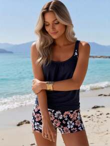 2026 New Women's Sexy Fashion Navy Blue & Pink Floral Patchwork Tummy-Control Two-Piece Boyleg Swimsuit For Vacation & Leisure Swimwear - Màu xanh hải quân - Xem 2
