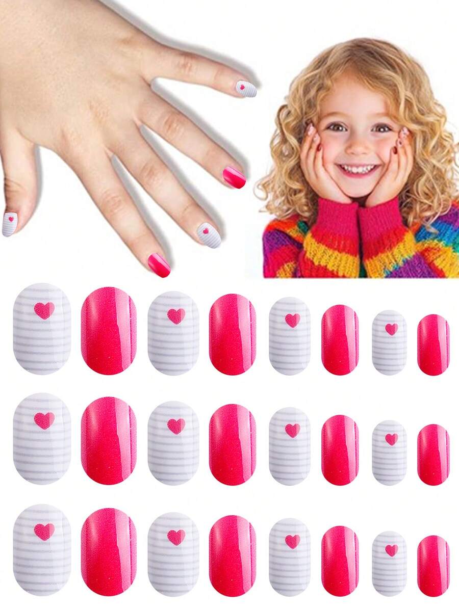 NAIO 24pcs Kids Press On Nails, Pink Heart Stripe Full Cover False Nails Colorful Full Cover Short False Nails For Girls, Cute Mixed Pattern Wearable Nail Kit With Storage Box & Nail File - Multicolor - View 1