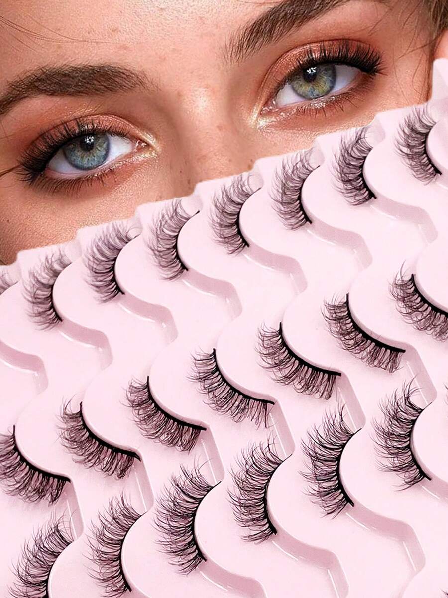 ENCHUW 16 Pairs Fake Eyelashes Half Lashes Natural Look Fluffy Wispy Strip Eye Lashes Cat Eye Look Curling False Eyelashes - Black - View 1
