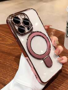 Magnetic Holder Case For IPhone 16 Pro Max, Transparent High-End Case For IPhone 17 New 15 Pro, Lens Film, Full Coverage Anti-Fall Silicone Case For IPhone 14 Plus, 13 Pro Max, 12 Pro, 11, Suitable For Men And Women - Pink - View 3