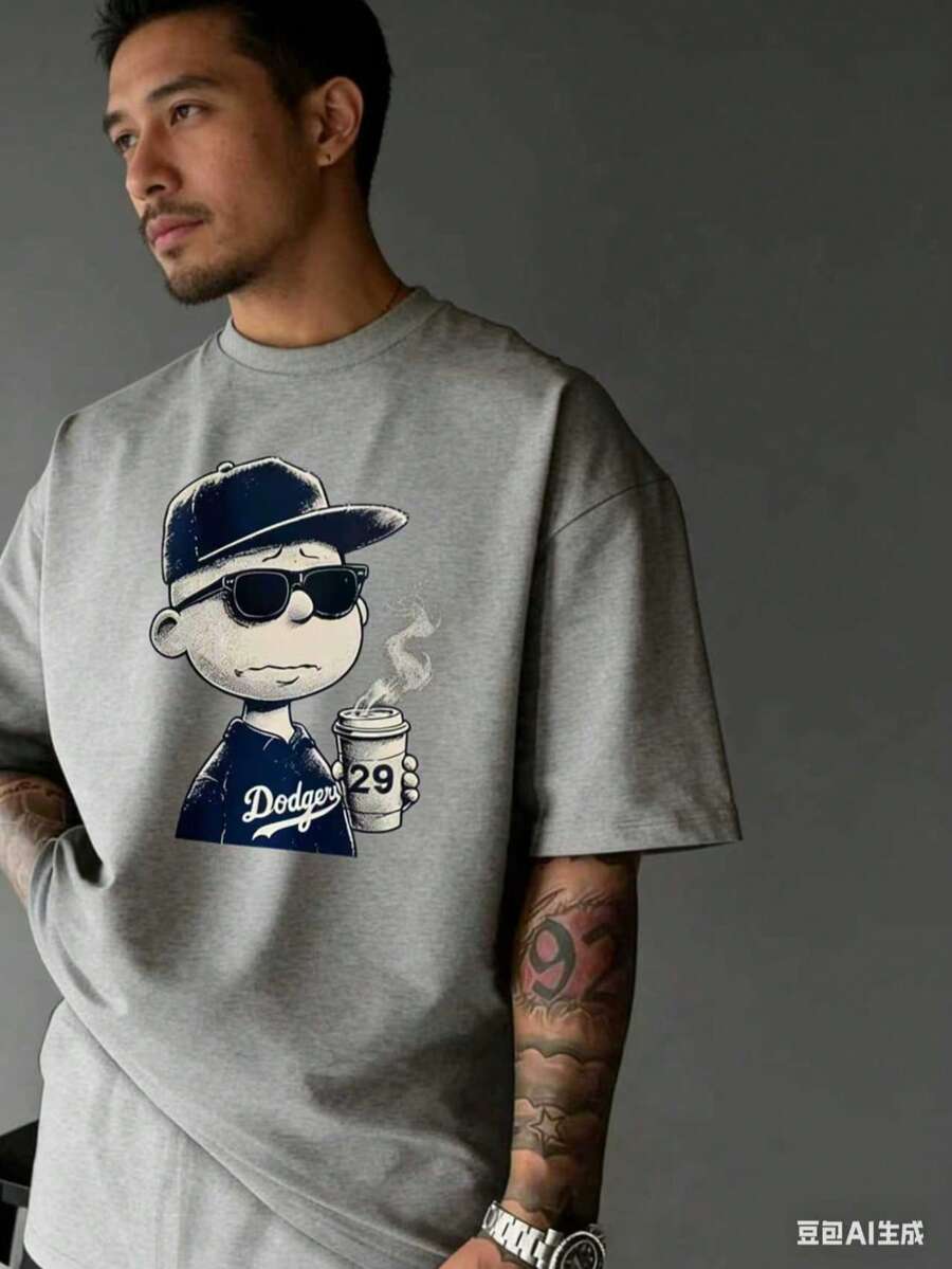 [L0s Angeles Dodgers Merchandise T-Shirt] A Must-Have Outdoor Sports T-Shirt For Baseball Fans | High-Quality Thick, Loose-Fitting T-Shirt - 灰色 - 查看 1