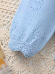 Girls' Spring/Summer Heart Pattern Lace Design + Openwork Heart Pattern Knitted Round Neck Cardigan, Gentle And Elegant, Suitable For Outings, Gatherings Or Play - Baby Blue - View 4