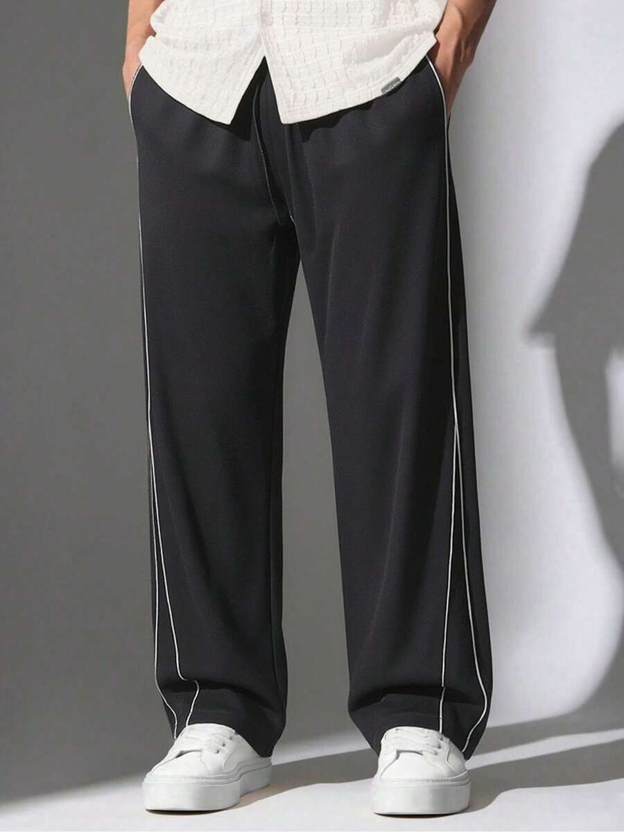男士休闲直筒条纹裤，宽松百搭运动裤，春秋新品 - 黑色 - 查看 1
