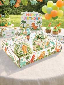 Jungle Dinosaur Theme Wooden Assembled Party Decorative Storage Tray With Handles & Dinosaur Themed Insert Card, Party Table Centerpiece Decor Wooden Organizer For Boys Birthday Party, Wild One Theme Event, Event Party Supplies, Dinosaur Theme Party Table Decorations - Dinosaur - View 9