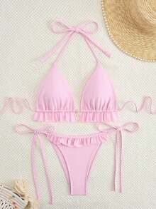 Swim Mod Women's Swimsuit, Two-Piece Bikini Set With Halter Neck, Ruffles And Bow In Solid Color For Summer - 羅莎 3 - 查看 7