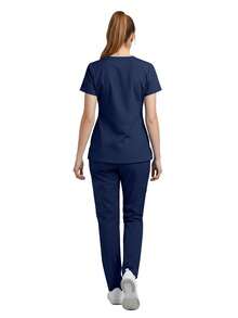 2 piezas Conjunto de uniforme de enfermera, que incluye parte superior con bolsillos + pantalones, adecuado para enfermería, sala de operaciones, salón de belleza y otros lugares de trabajo en primavera - Azul Marino - Ver 4
