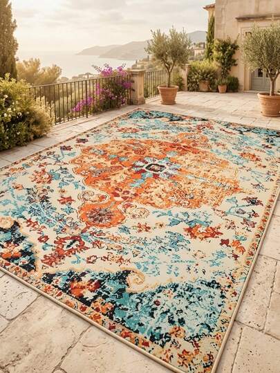 1pc Luxury Vintage Bohemian Floral & Stripe Patterned Area Rug/Carpet/Door Mat, Soft Machine Washable Rug For Entryway, Balcony, Hallway, Outdoor, Patio, Living Room, All Season