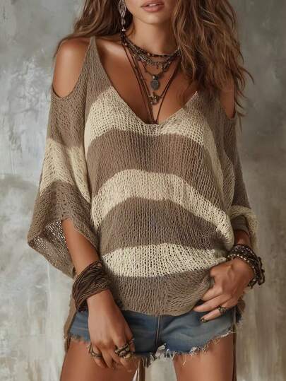 Blusa de mujer MOOSGOP, simple, elegante, casual y versátil, con hombros descubiertos, a rayas, con bloques de color y calado, con un ambiente de vacaciones en la playa