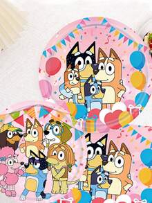 Bluey Bruyere Party Themed Tableware Set Includes Tablecloth, Table Runner, Plates, Paper Cups, Napkins, Cartoon Dog Pattern, Suitable For Weddings, Holidays, Gatherings - Multicolor - View 3