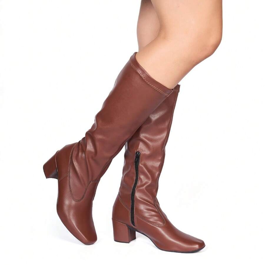 Women's Over-The-Knee Boot With Square Toe, Medium Heel, High Shaft, , Blogger-Friendly, Comfortable For Winter - Cocoa Brown - View 1