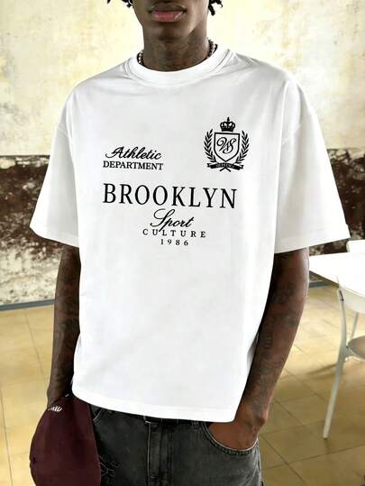  FRACTYR Herren Sommer Casual Street Fashion Loose "BROOKLYM" minimalistisches Buchstaben Grafik Rundhals Kurzarm T-Shirt