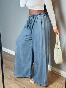 Women's Elastic Waist Baggy Wide Leg Jeans, Casual Loose Non-Stretch Denim Pants - 淺色水洗藍 - 查看 4