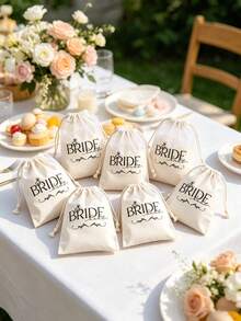 6pcs Linen Drawstring Gift Bags - Featured With "Bride" Theme, These Linen Drawstring Pouches Can Serve As Exclusive Packaging For Wedding Party Favors, Bridal Gifts, And Organizational Storage. Ideal For Wedding Ceremonies, Engagement Parties, New Year Gatherings, Birthday Celebrations, Mother's Day, Father's Day, Housewarming Parties, Vintage-Themed Events, Anniversaries, And More. - One Size Fits All - View 4
