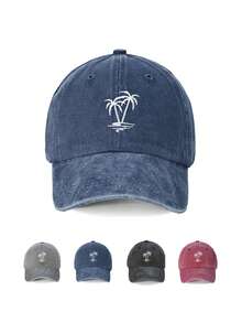1pc "Coconut Tree" Printed Distressed Vintage Washed Baseball Cap, Polyester, Unisex Outdoor Fashion Accessory, Durable Headwear,Summer,Beach,Holiday,Festival,Travel - Coconut Trees - View 1