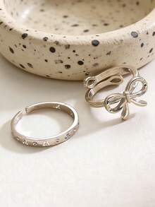 2pcs Fashion Minimalist Versatile Bow Knot Adjustable Finger Rings, Suitable For Daily, Party, Date, Festival, Summer Beach, Gift For Friends, Family, Couples, Jewelry Accessories - Silver - View 3