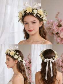 1 vòng hoa hồng màu hồng kiểu Bohemian, lãng mạn cho cô dâu trong mùa cưới, vương miện, vương miện cài tóc, vòng hoa đội đầu, phụ kiện tóc. - Màu tím - Xem 2