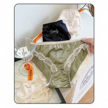 [Free Shipping] 3Pcs Bestie Shiny Dainty Rhinestone Panties~Sexy Lace Sweet Girly Panties, Cream Hues Comfortable Soft Skin-Friendly Briefs, Silky Satin Mid-Waisted Breathable Cotton Crotch Briefs.Valentine's Day Sexy Lace Panties For Women - Mature & Elegant Style - 黑色+綠色+粉紅色 - 查看 5