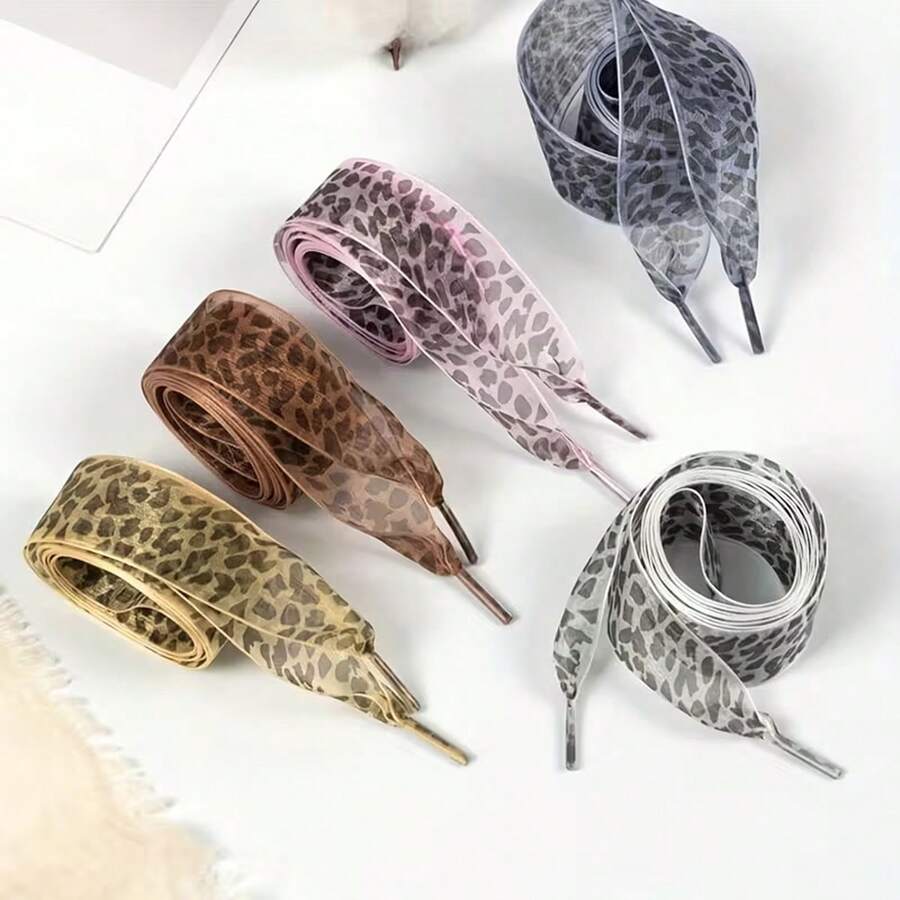 1 đôi dây giày bằng lụa satin in họa tiết da báo thời trang, dây giày bản rộng, phẳng, phù hợp với giày thường ngày và giày thể thao. - Nhiều màu - Xem 1