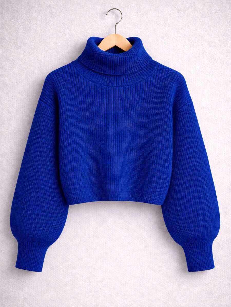 Women's Royal Blue Cropped Knit Sweater With High Neck And Off-Shoulder Design For Winter. - Royal Blue - View 1