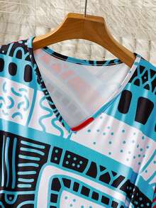 Casual Fitted V-Neck Random All-Over Geometric Print Short Sleeve Plus Size Dress Summer - Baby Blue - View 3