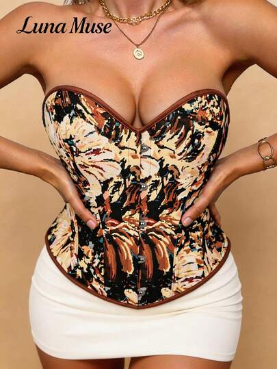 Luna Muse 女士春夏新款复古油画提花束身胸衣，皇家宫廷风格心形颈骨收腰设计，性感塑形内搭/外穿上衣，高级辣妹风，适合日常、休闲、宴会、约会、派对、情人节、音乐节、朋克风穿搭、舞台表演服、内衣、度假装