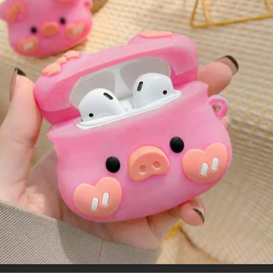Pink Cute Silicone 1pc Cute Silicone Bow & Pig Style Earphone Holder Pig Element Bluetooth Earphone Cases Birthday Gift - Pink - View 1