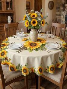 1pc Polyester Sunflower & Leaf Pattern Tablecloth, Vibrant Watercolor Style, Waterproof & Stain-Resistant, Rectangular Table Cover With Sunflower & Floral Decor, Foldable Protective Table Decor, Suitable For Summer Home Decor, Garden Party, Brunch, Dining Table, Patio, Picnic, Indoor & Outdoor Activities - 001 - View 8