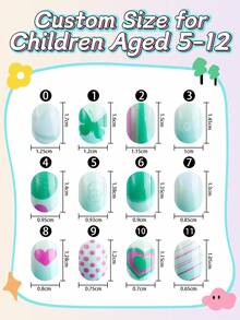 NAIO 24 piezas de uñas postizas para niños, uñas postizas de cobertura completa de corta duración con patrones de mariposa, corazón y lunares en degradado verde, un kit de uñas colorido y con diseños lindos con caja de almacenamiento y lima de uñas - Multicolor - Ver 5