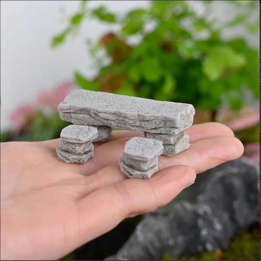4件套或3件套迷你仿真树脂石桌椅，配件砾石盘 - 仙境花园微景观手工DIY/迷你场景，适用于水族箱、玻璃容器、立体模型、沙盘 - 小型桌面装饰，树脂仿真岩石