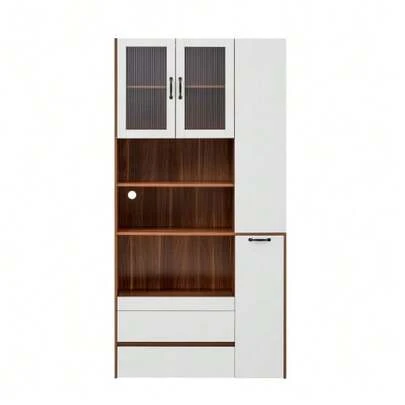 Tall Sideboard With Adjustable Shelves And Drawers, Sideboard With Removable Shelves And Fluted Glass, Ideal For Dining Room, Living Room And Kitchen (White+Natural)