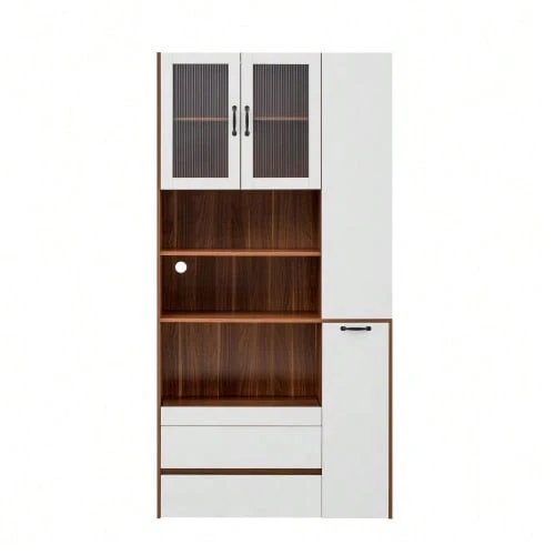 Tall Sideboard With Adjustable Shelves And Drawers, Sideboard With Removable Shelves And Fluted Glass, Ideal For Dining Room, Living Room And Kitchen (White+Natural) - Natural Color - View 1