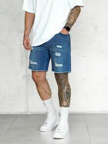 Men's Fashionable Frayed Ripped Casual Denim Shorts For Summer - Dark Wash - View 4