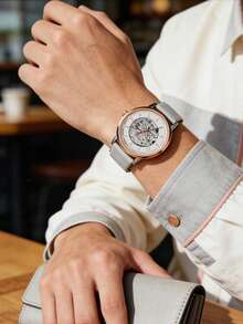 Fossil 男士复古缪斯自动机械镂空表盘腕表，不锈钢表盘，浅灰色皮革表带，时尚独特设计，坚固耐用，商务休闲皆宜，适合日常佩戴，生日礼物，周年纪念礼物 - 灰色 - 查看 2