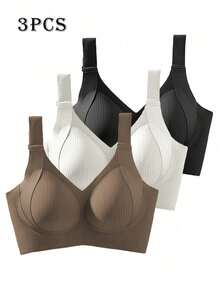 3-Piece PLUS SIZE Seamless Breathable Wireless Sports Bra For Women - Full Coverage Design, Anti-Slip Material, With Lifting And Support Functions, Comfortable To Wear, Ribbed Details, Made Of Nylon And Elastic Fiber Blend, Hand Wash. Elegant Solid Color - 彩色 - 查看 8