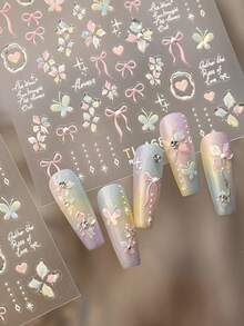 1 miếng dán móng tay hình hoa bướm, macaron 5D ngọc trai, tinh tế, dễ thương, nơ ruy băng dài, hình trái tim, tự dính, dùng trang trí móng tay. - Nhiều màu - Xem 2