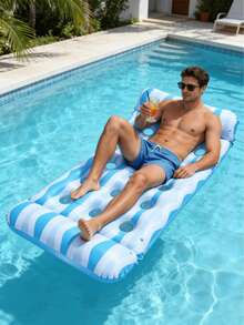 1pc Striped Inflatable Float, Macaron Color Wavy Stripe Design, With Inflatable Pillows On Both Ends, PVC Material, Suitable For Beach, Swimming Pool, Seaside, Water Park, Party Use - Striped Inflatable Float - View 4