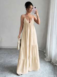 Lili House 女士夏季连衣裙套装，优雅时尚的度假风V领吊带背心搭配飘逸连衣裙，适合情人节、休闲约会、假期、派对、婚礼、海滩派对等场合。 - 棕色 - 查看 3