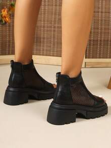 Women's Mesh Open Toe Ankle Boots, Thick Sole Chunky Heel Summer Sandals, Breathable Back Zipper Fashion Ankle Boots, Suitable For Casual Daily Wear - Black - View 6