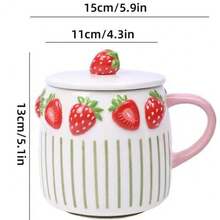 1pc Cute Fruit Relief Design Ceramic Mug, 550ml/18.61oz Juice Cup For Sweet Girls, Strawberry, Blueberry, Lemon, Peach Milk Cup, Coffee Cup, Suitable For Summer And Winter Drinks, New Year, Valentine's Day Holiday Gift - Multicolor - View 2