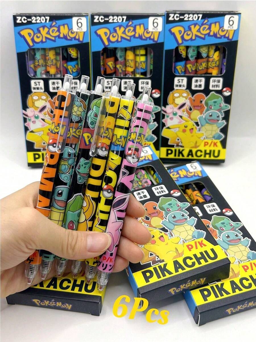 pokemon 6支装可伸缩宝可梦主题圆珠笔，配备0.5mm黑色墨水，适合学校和办公用品，也可作为节日礼物。